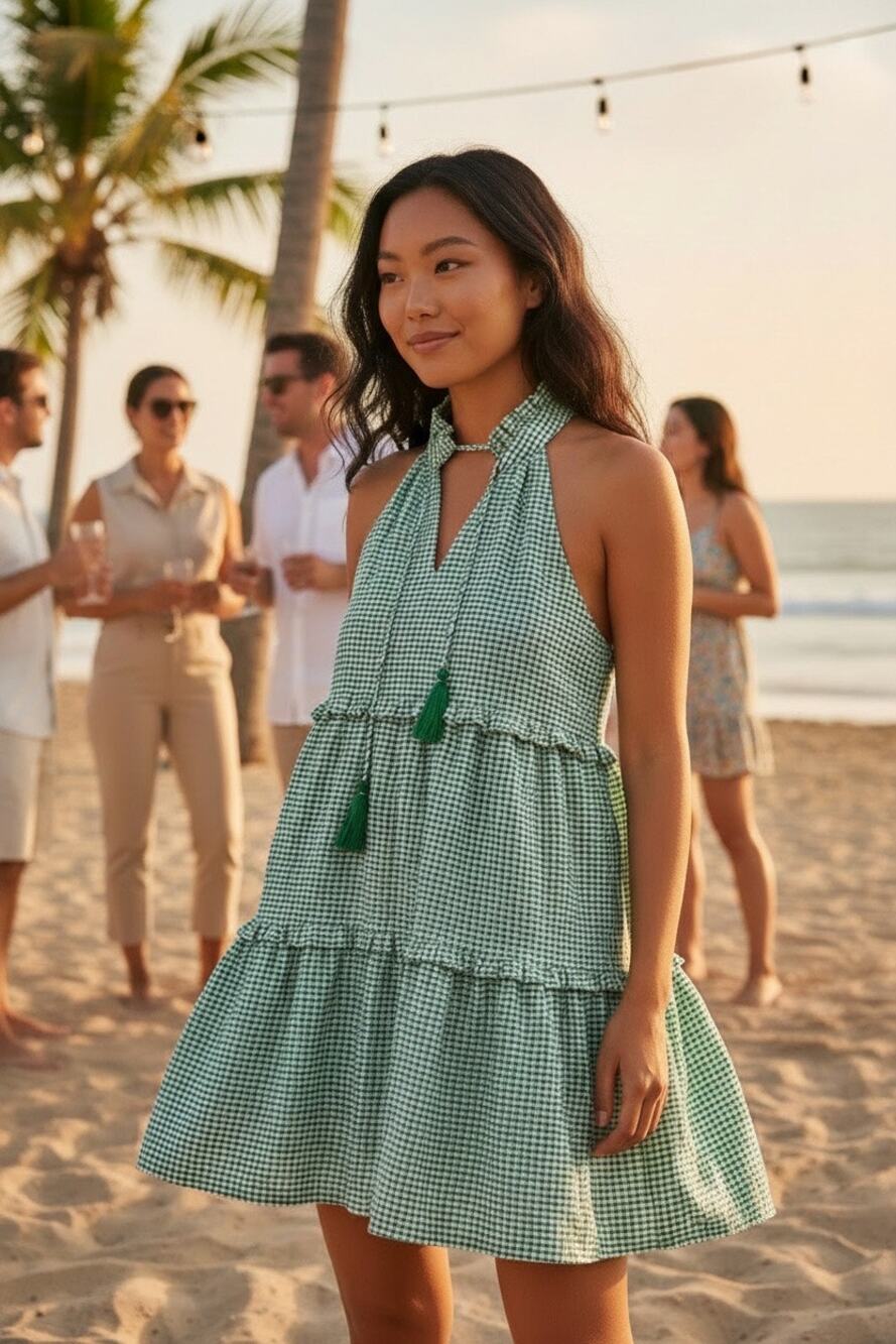 THML Green Gingham Tiered Midi Dress Small Sleeveless Tassel Tie Preppy